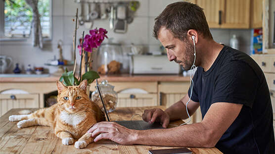 Hombre trabajando desde su casa, sentado a la mesa de la cocina con un gato y usando su laptop