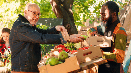 Young business owner selling bio homegrown produce at outdoors food market, talking to elderly client about healthy nutrition and benefits.