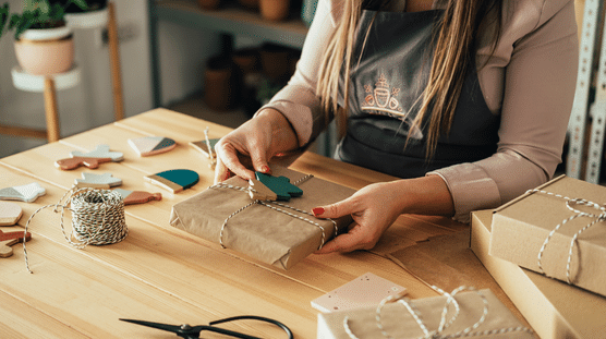 Diseñadora de adornos trabajando en su tienda, envolviendo un paquete