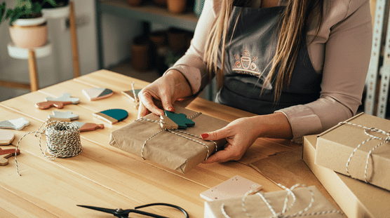 How to break through the noise during Small Business Saturday Ornament maker working in her store, wrapping a package