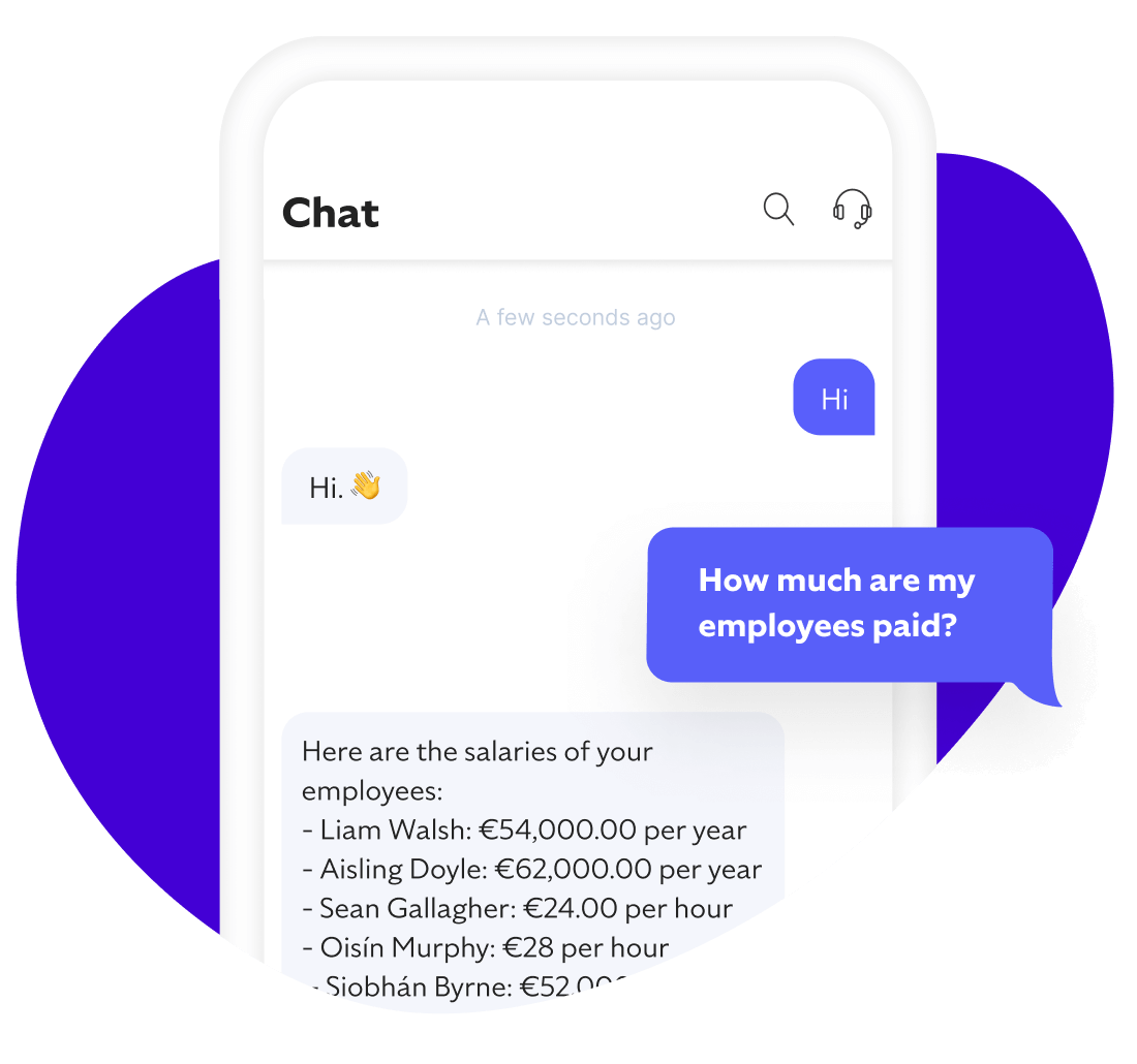 Mobile chat conversation asking how much are my employees paid?