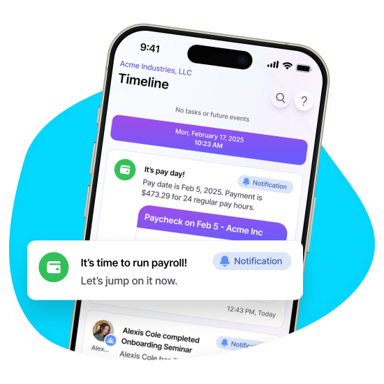 Image of Roll interface on a mobile device showing Timeline view of notifications, with a callout of the notification for "It's time to run payroll now"